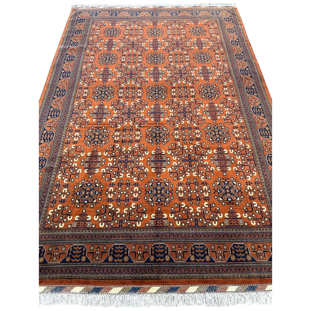 Stunning hand-knotted Afghani Bukharayi rug in orange and navy blue