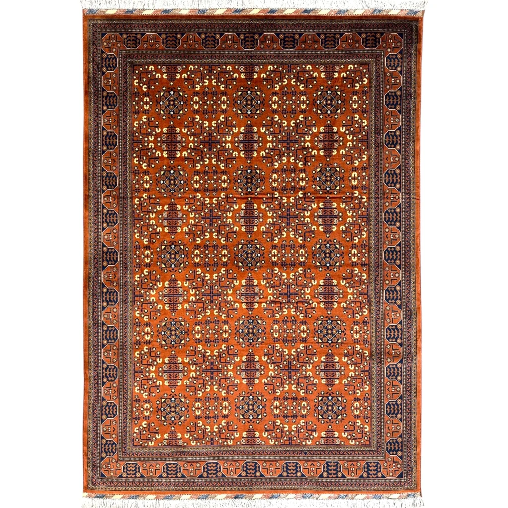 Stunning hand-knotted Afghani Bukharayi rug in orange and brown patterns
