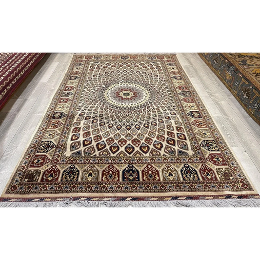 Stunning hand-knotted Afghani rug in beige, burgundy geometric patterns