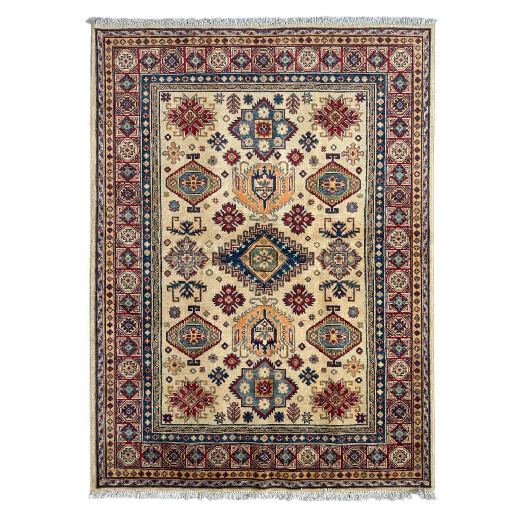 Afghan Kazak hand-knotted rug in beige and red with diamond geometric motifs