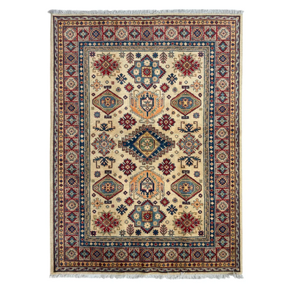 Afghan Kazak hand-knotted rug in beige and red with diamond geometric motifs