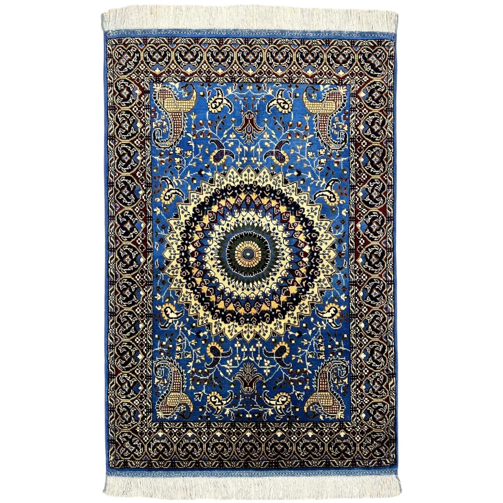 Stunning blue Parak rug with gold black floral mandala and white fringe