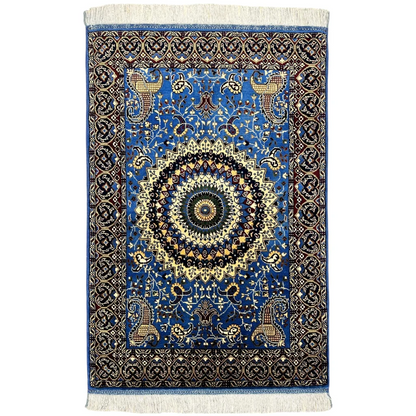 Stunning blue Parak rug with gold black floral mandala and white fringe