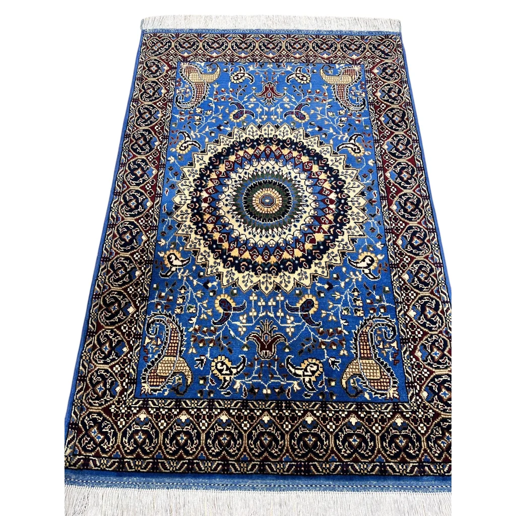 Stunning hand-knotted Parak rug in blue with mandala and paisley motifs