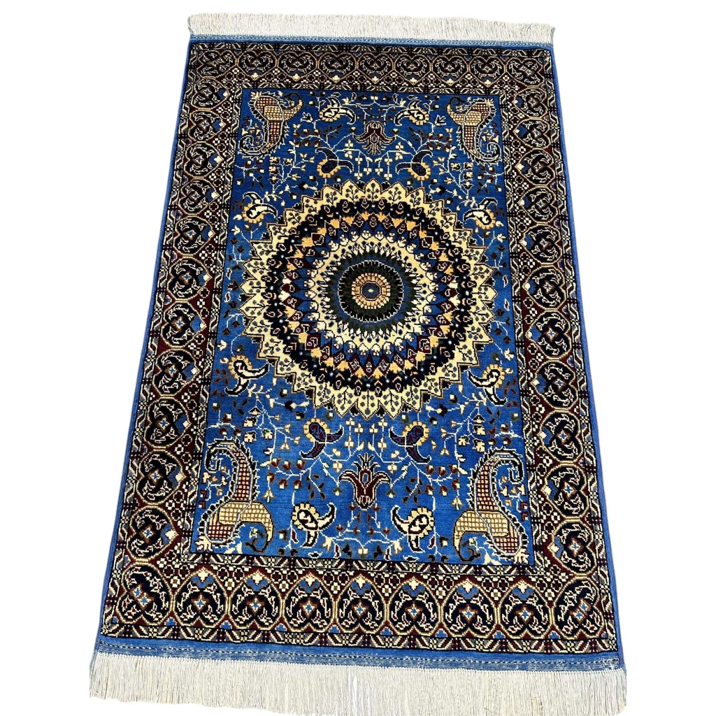 Stunning hand-knotted Parak rug in blue with gold black mandala design