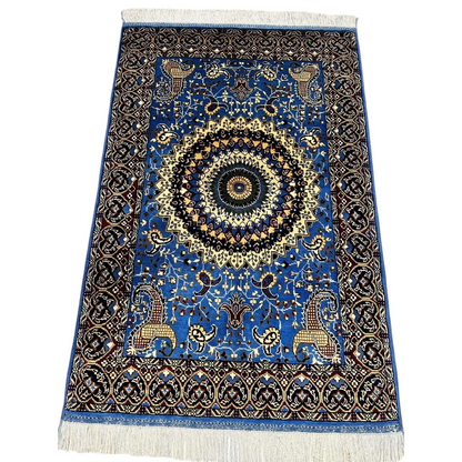 Stunning hand-knotted Parak rug in blue with gold black mandala design