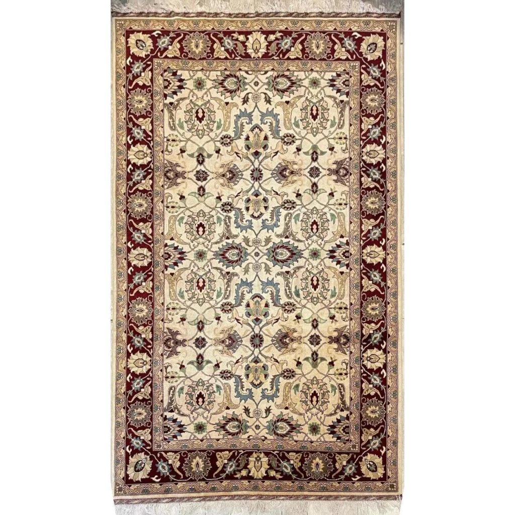Stunning beige and burgundy hand-woven Afghan rug with natural dyes