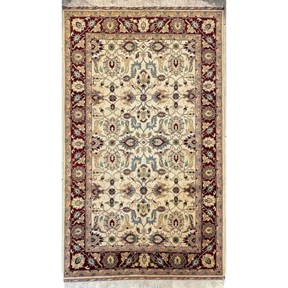 Stunning beige and burgundy hand-woven Afghan rug with natural dyes