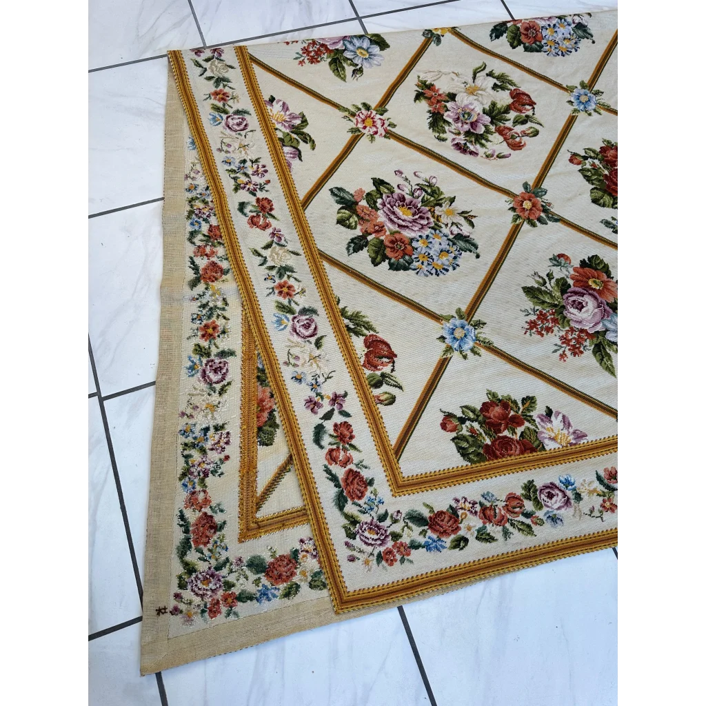 Stunning handmade needlepoint tapestry style floral rug with beige embroidered roses