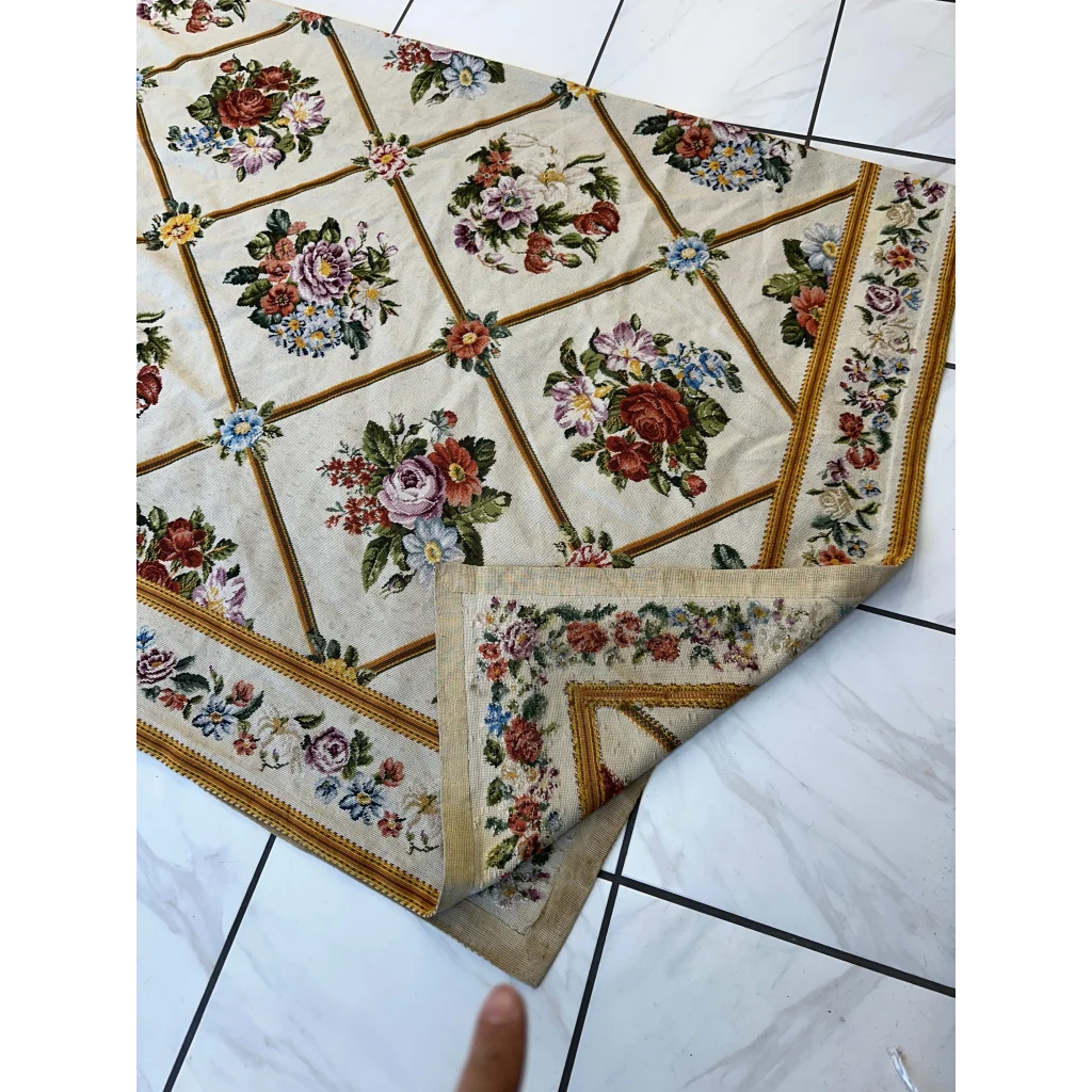 Stunning handmade needlepoint tapestry style floral rug with beige embroidered roses