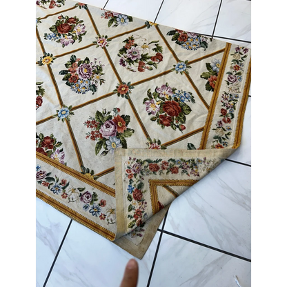 Stunning handmade needlepoint tapestry style floral rug with beige embroidered roses