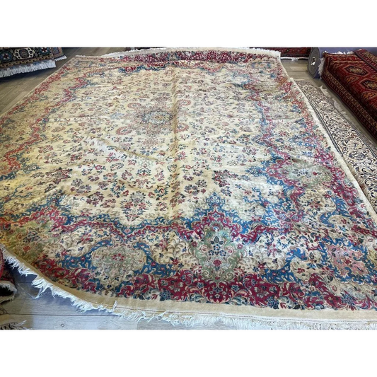 Stunning handmade vintage Kirman 10x13 area rug in cream and burgundy with floral patterns