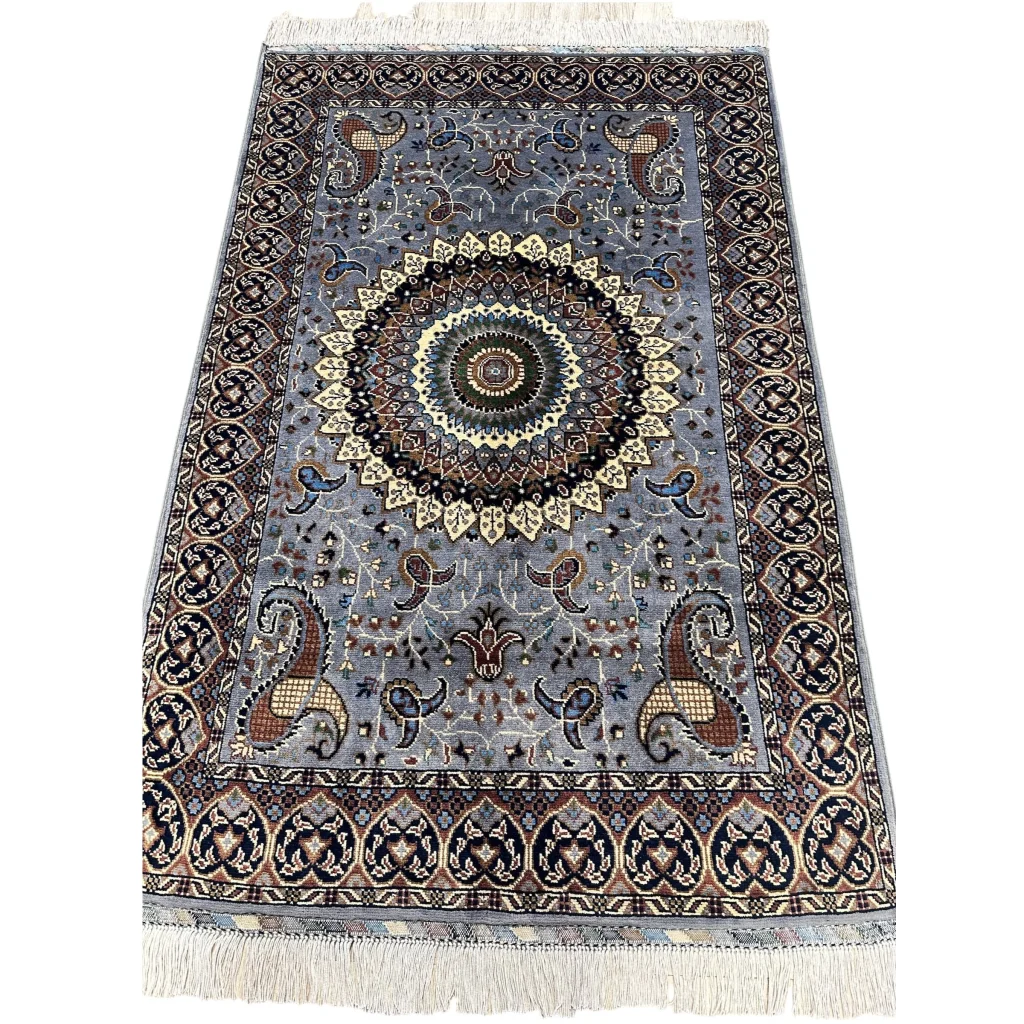 Stunning handwoven Parak rug in gray with central Afghani mandala design