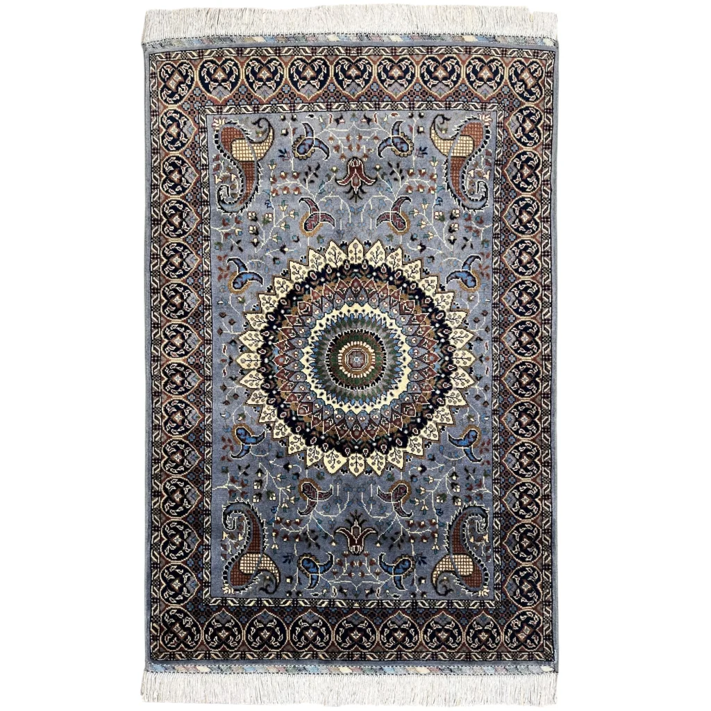 Stunning handwoven Parak rug with gray mandala and paisley design