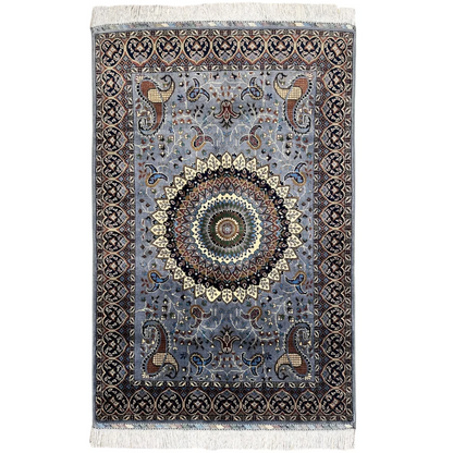 Stunning handwoven Parak rug with gray mandala and paisley design