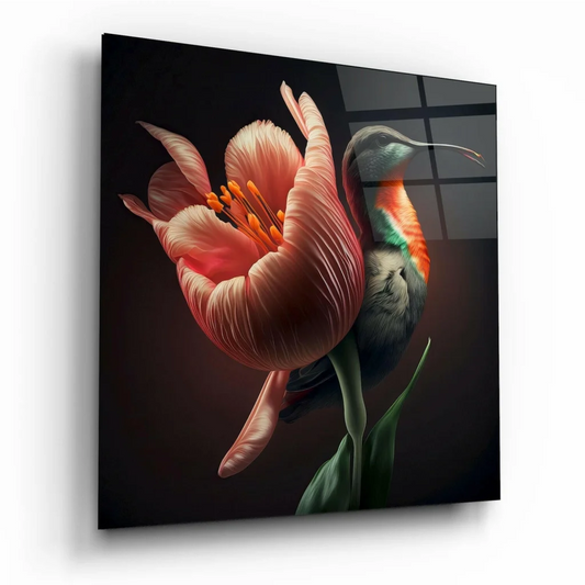 Stunning pink tulip glass wall art with hummingbird, green leaves