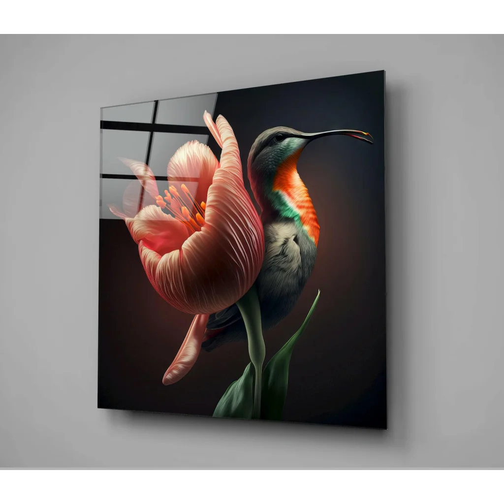 Stunning pink tulip hummingbird glass wall art print