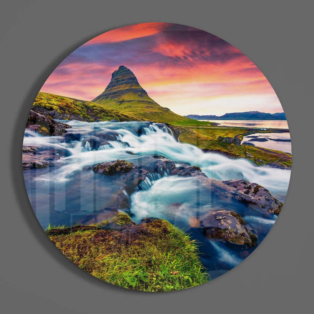 Green mossy rock wall art on tempered glass with Iceland river and mountains, size comparison