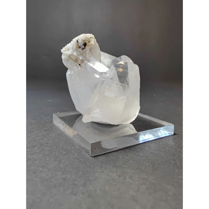 Stunning Indian quartz crystal cluster with natural dark inclusions on acrylic stand