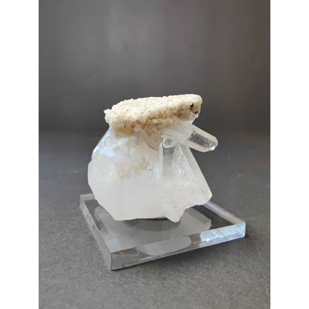 Stunning Indian quartz crystal cluster with natural inclusions on acrylic stand