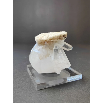 Stunning Indian quartz crystal cluster with natural inclusions on acrylic stand