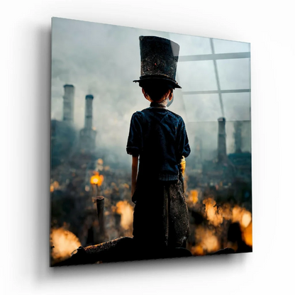 Child in black top hat and dark clothes in industrial glass wall art with orange tones