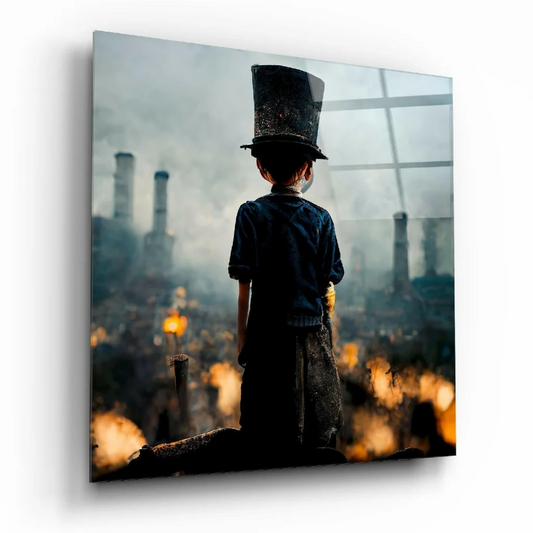 Child in black top hat and dark clothes in industrial glass wall art with orange tones