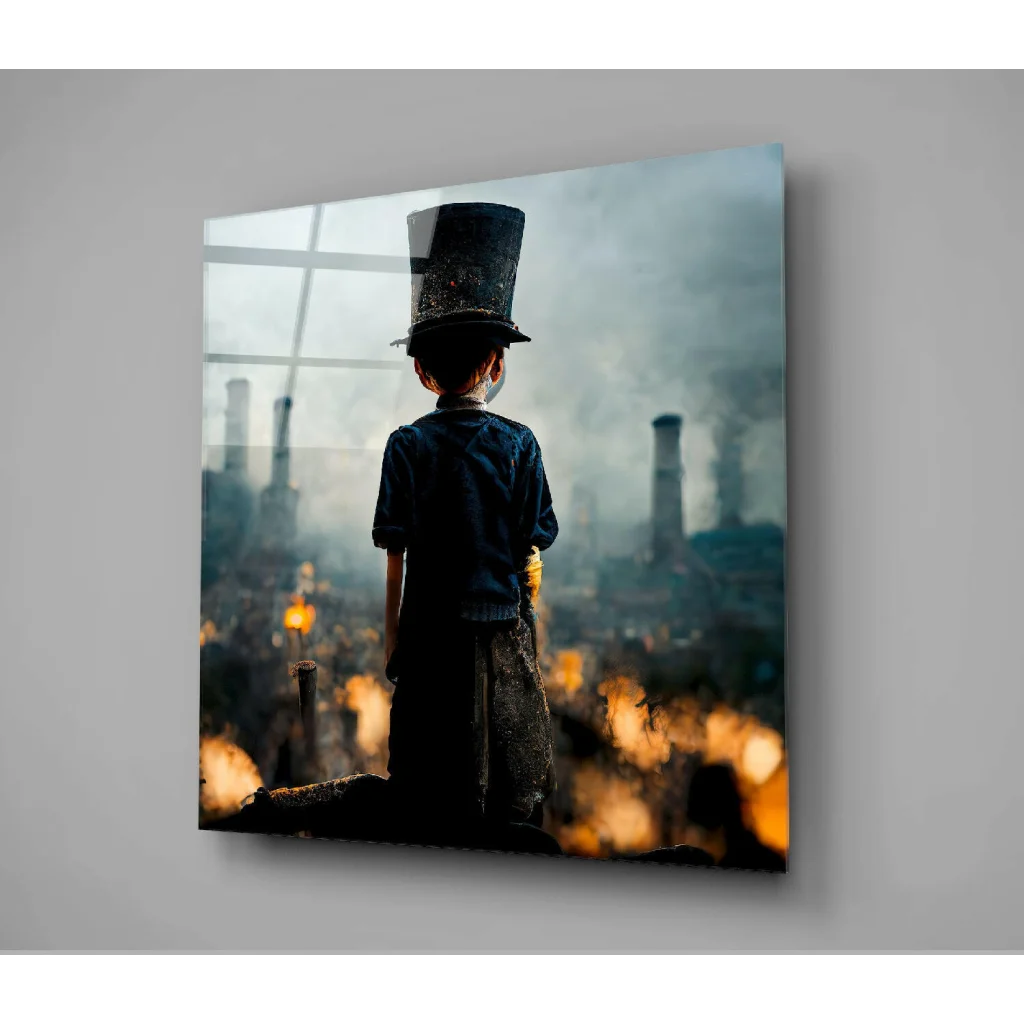 Child in top hat before smokestacks on stunning industrial glass wall art