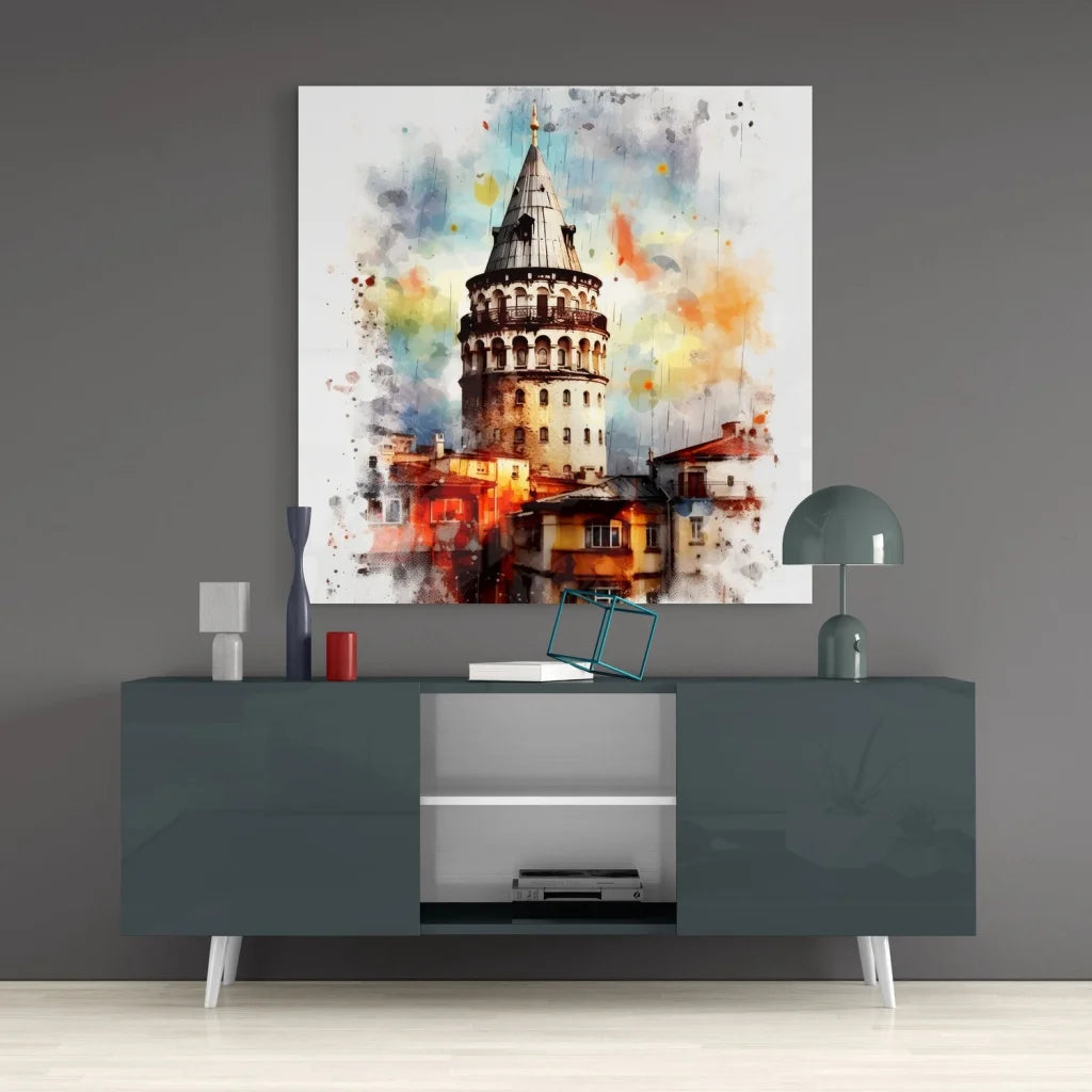 Modern gray sideboard with white legs, topped by Istanbul Galata Tower tempered glass art