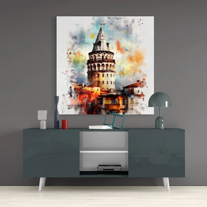Modern gray sideboard with white legs, topped by Istanbul Galata Tower tempered glass art