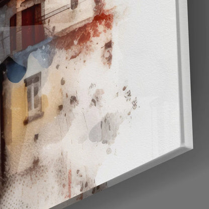 White and red abstract painting with black splatters on tempered glass art, Istanbul Galata Tower framed in silver