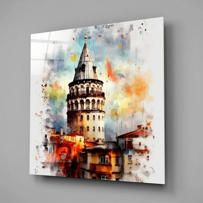 Watercolor Galata Tower Istanbul on tempered glass art