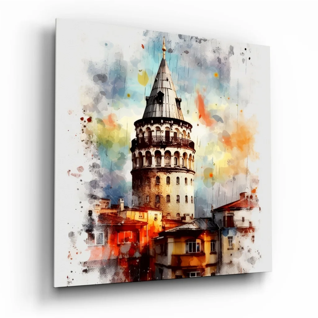 Watercolor Galata Tower Istanbul on tempered glass art