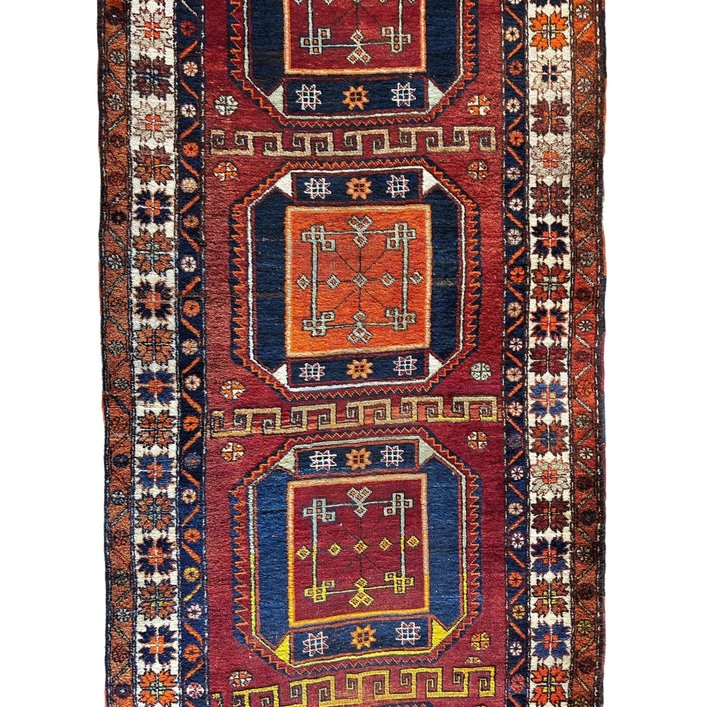 Antique Kurdish Kazak wool runner 1940s, vibrant red and blue geometric motifs, Caucasus heritage