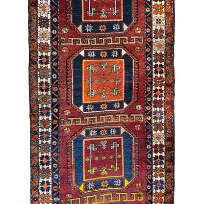 Antique Kurdish Kazak wool runner 1940s, vibrant red and blue geometric motifs, Caucasus heritage