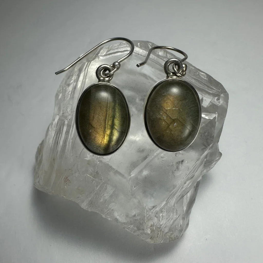 Stunning silver labradorite earrings with iridescent gold green shimmer