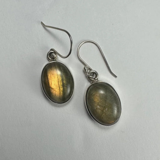 Stunning labradorite earrings with shimmering gold and green fire