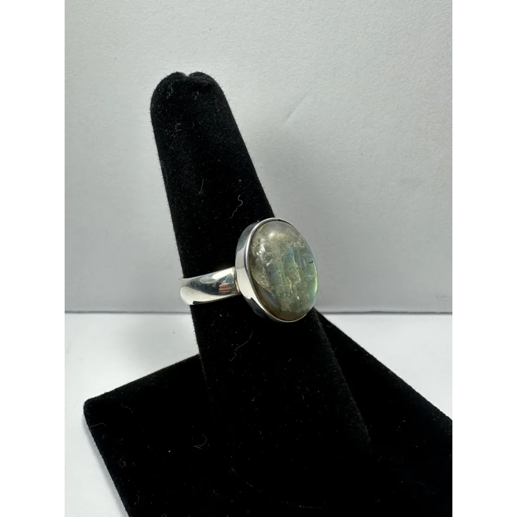 Stunning labradorite ring with iridescent blue green flash in silver