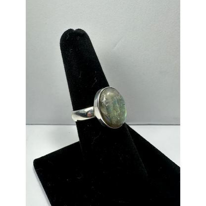Stunning labradorite ring with iridescent blue green flash in silver