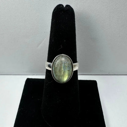 Stunning labradorite ring with oval stone and iridescent blue green flash