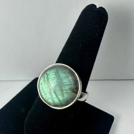 Stunning silver labradorite ring with iridescent blue green glow