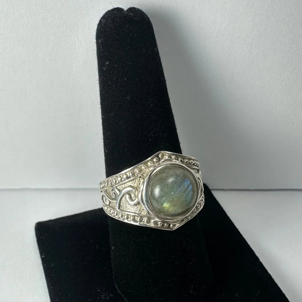 Stunning labradorite ring with iridescent blue green glow