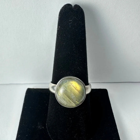Stunning labradorite ring with iridescent green and blue shimmer