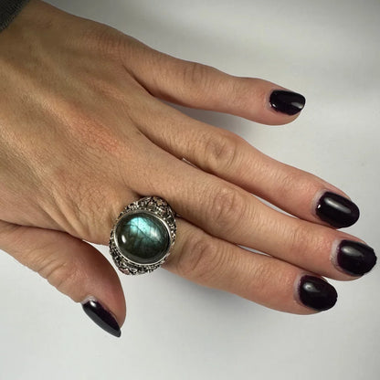 Stunning labradorite ring with mystical blue green fire oval stone