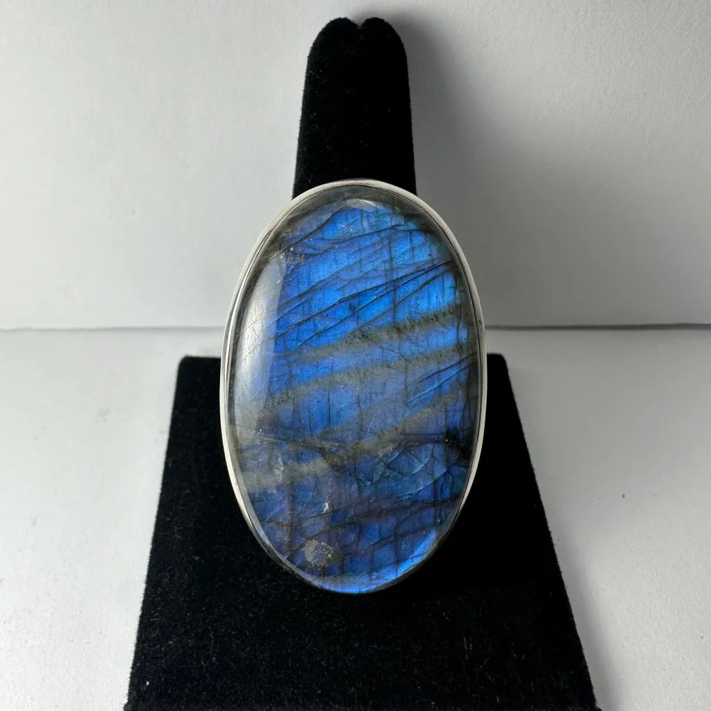 Stunning oval labradorite ring with blue flash in sterling silver