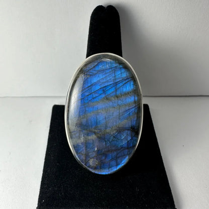 Stunning oval labradorite ring with blue flash in sterling silver