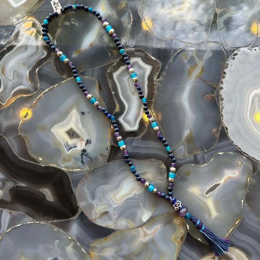 Stunning lapis lazuli mala with amethyst turquoise beads and tassel