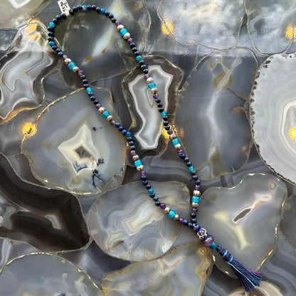 Stunning lapis lazuli mala with amethyst turquoise beads and tassel