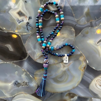 Stunning lapis lazuli mala necklace with amethyst, turquoise beads and tassel
