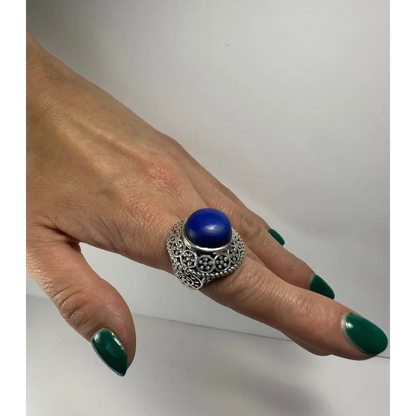 Stunning silver filigree lapis lazuli ring with blue stone